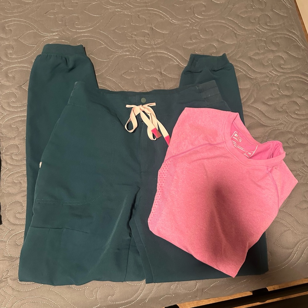 Figs Women's Teal Scrub Pants with Pink Top